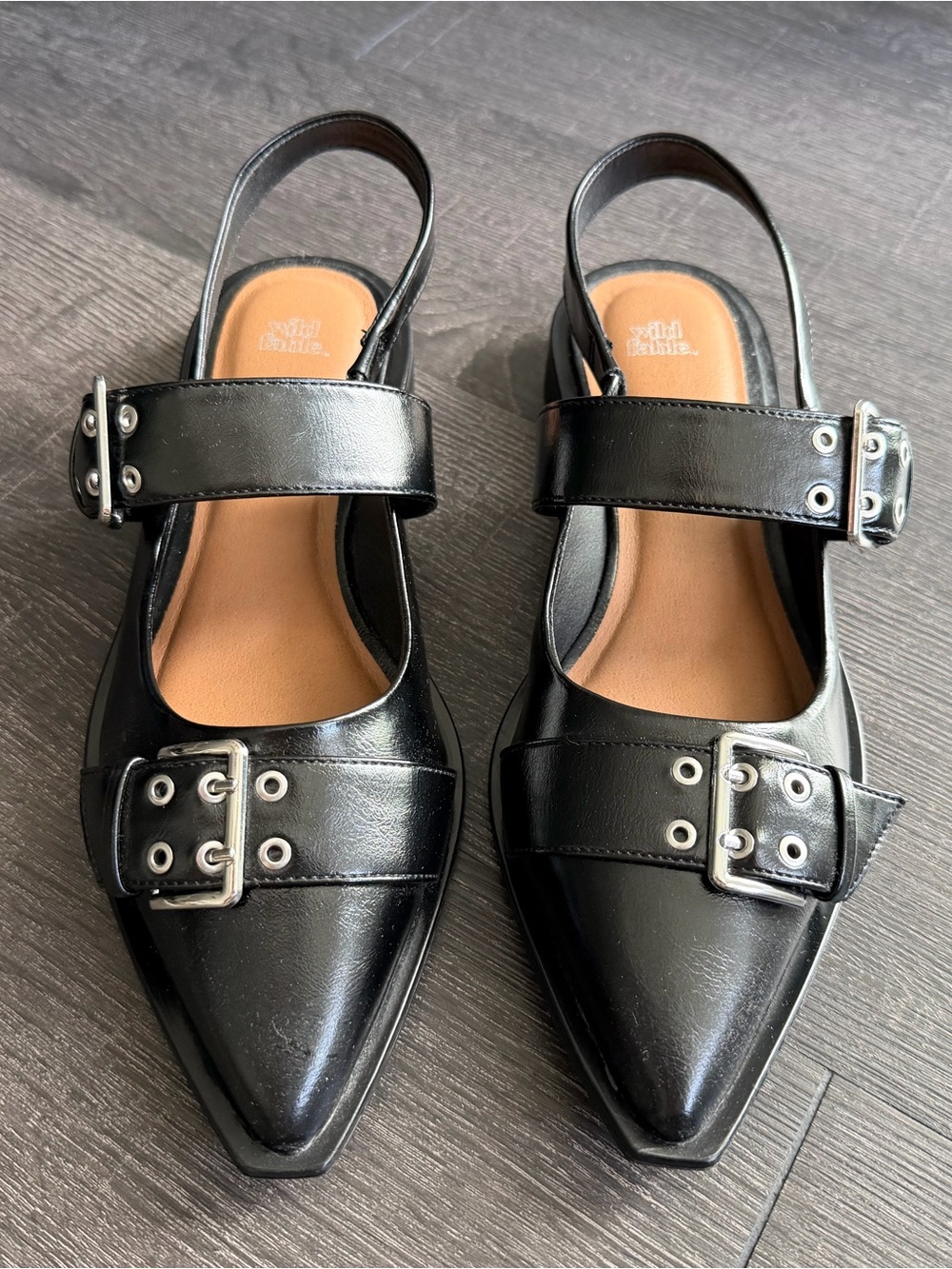 wild fable Black Pointed-Toe Slingback Flats with Buckle Detail